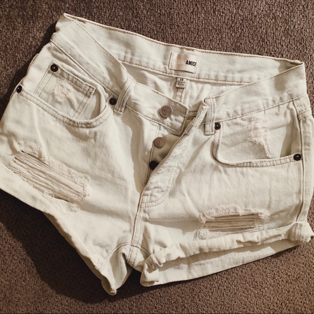 Light Denim Button Down Shorts - Mid-rise